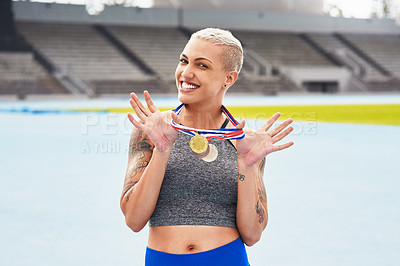 Buy stock photo Sports, stadium and portrait of woman with medal for winning, achievement and victory in Paris. Fitness, athlete and person with gold award at competition for exercise, success and champion in race