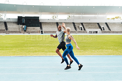 Buy stock photo Running, track and women with high five, training for competition and energy with endurance. People, runner and athletes with hobby and progress with cardio and hand gesture with exercise or practice