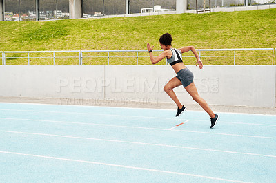 Buy stock photo Woman, fitness and running on track for cardio training, exercise or workout on the stadium. Active or sporty female person, athlete or runner in sports run, race or competition for healthy wellness