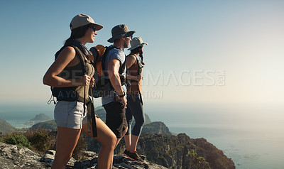 Buy stock photo Hiking, mountain and friends on cliff outdoor of fitness travel, adventure view and backpack journey in summer. People, backpacking and trekking together for cardio exercise, rock climbing and health