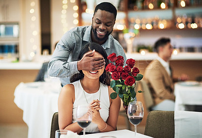 Buy stock photo Rose surprise, couple and restaurant of people ready for fine dining with love and care. Flowers present, bouquet and date of a woman and man together with celebration on a table with a smile