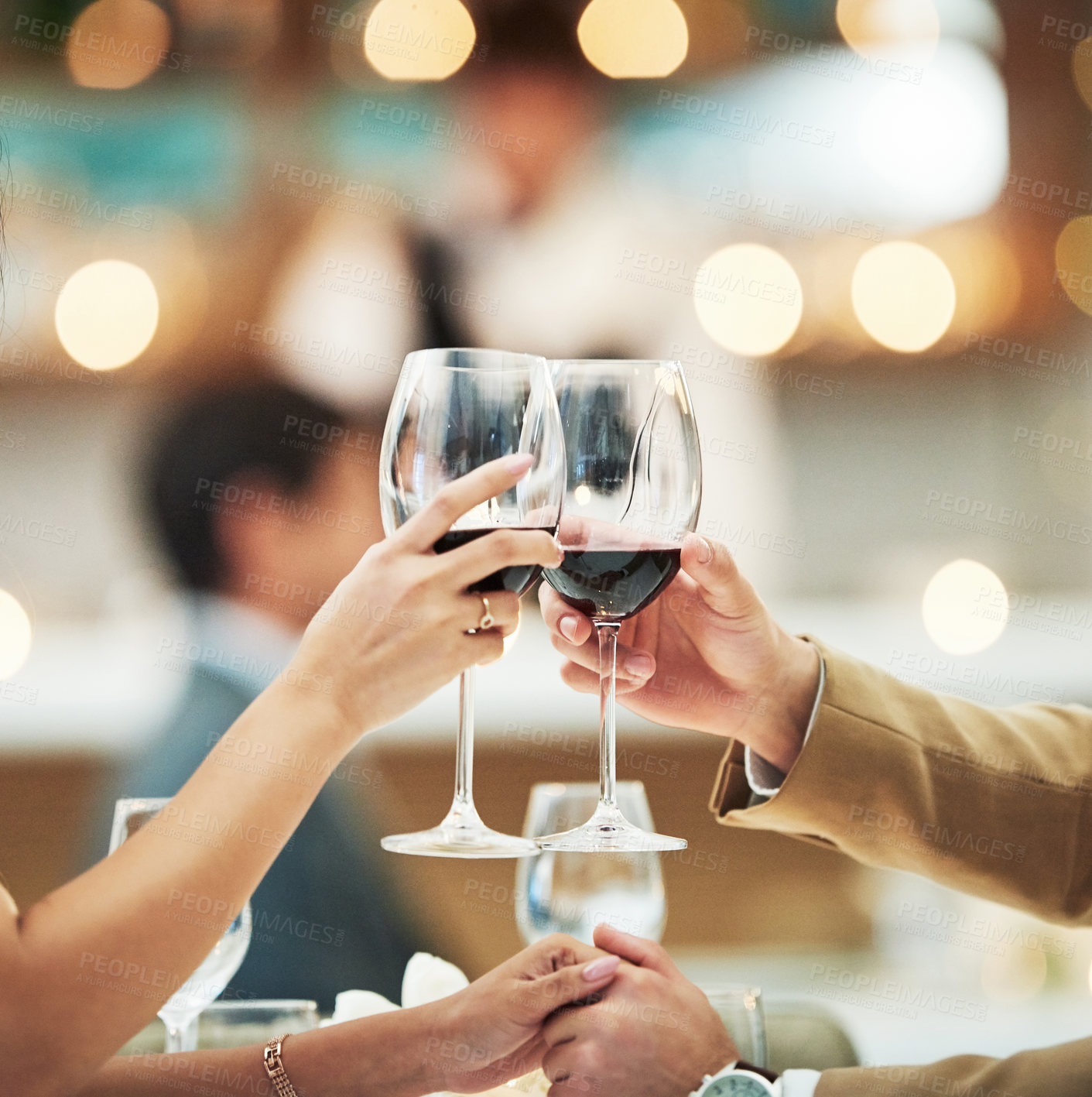 Buy stock photo Red wine, hands and date with a couple toast in a restaurant for the celebration of an anniversary. Valentines day, dating and romance with a man and woman drinking alcohol in cheers for fine dining