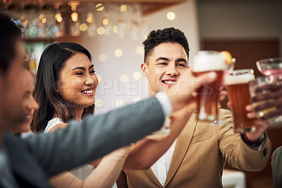 Buy stock photo Group celebration, alcohol and friends toast with beer, cocktail or glass drinks for fun friendship reunion. Social party event, restaurant happy hour and excited people celebrate, smile and cheers 