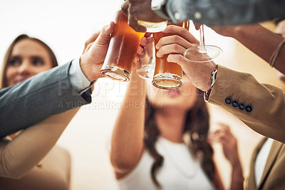 Buy stock photo Happy celebration, alcohol and people toast with beer, cocktail or glass drinks for fun friendship reunion. Social party event, restaurant cheers and below view of excited group of friends celebrate