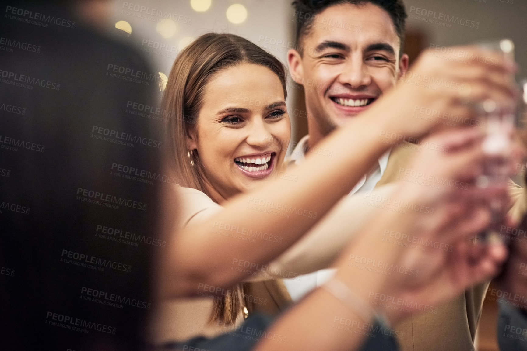 Buy stock photo Group of friends, cheers and celebration in restaurant, party and happiness together for valentines day. Love, friendship and champagne toast, happy hour social event, people at pub for drinks date.