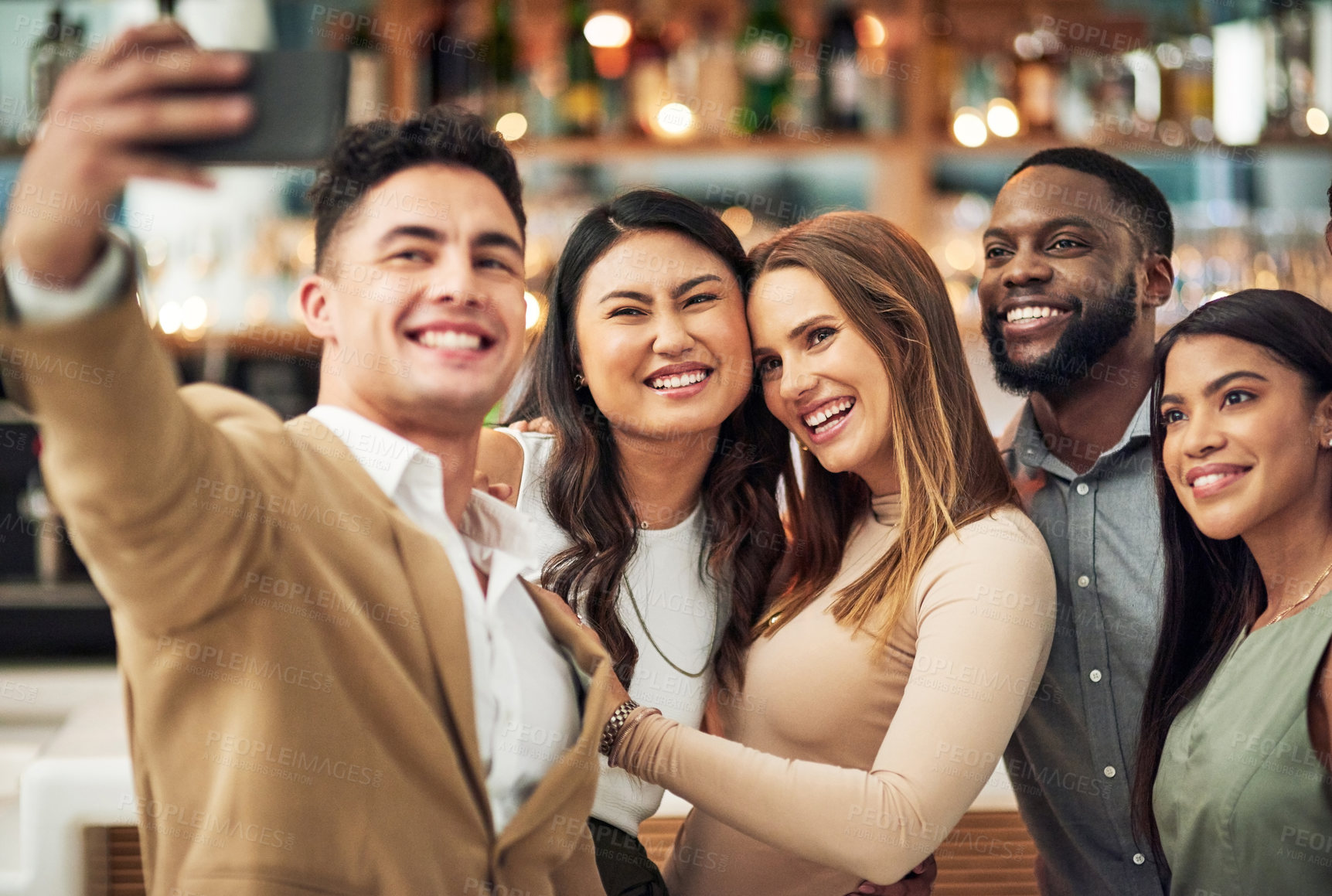 Buy stock photo Group of people, event or party selfie in restaurant for luxury, formal night and happy love celebration. Profile picture, women or friends for valentines update or post on social media in diversity