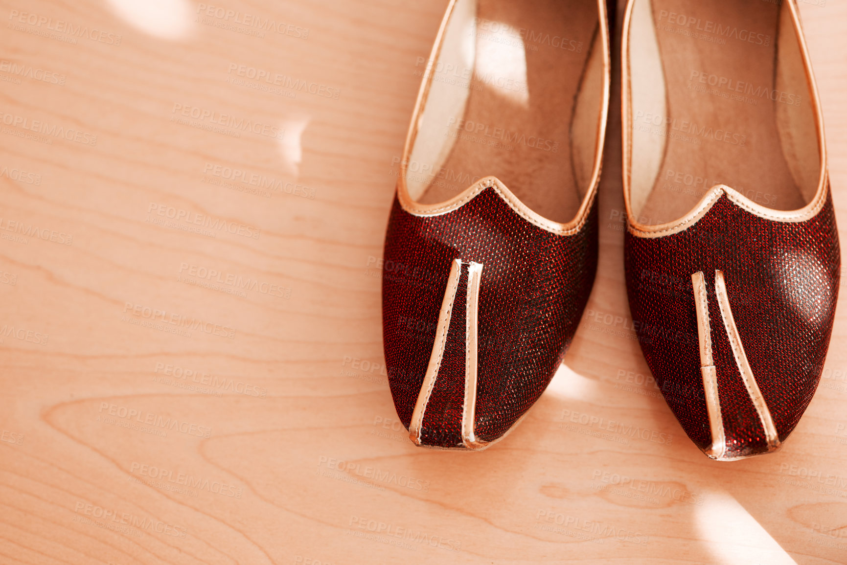 Buy stock photo Shot of two formal men’s shoes on the floor of a bedroom