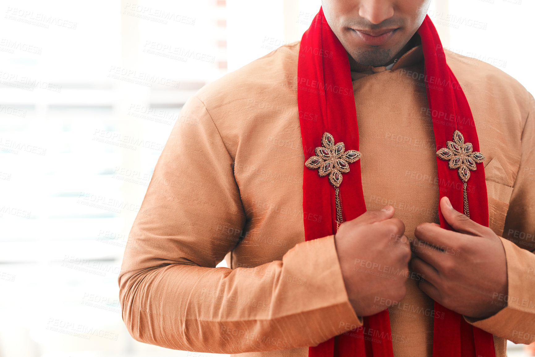 Buy stock photo Indian groom, wedding and scarf for ceremony, attire and clothes for man, culture and traditional in choice. Stylish, fashion and suit for person in morning for marriage, selection and accessory