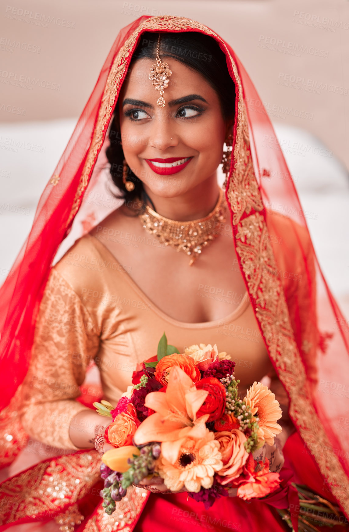 Buy stock photo Indian, bride and woman with smile, flowers and veil on wedding day for celebration, event and marriage. Female person, happy and beauty with jewelry, accessories and bouquet in tradition or luxury