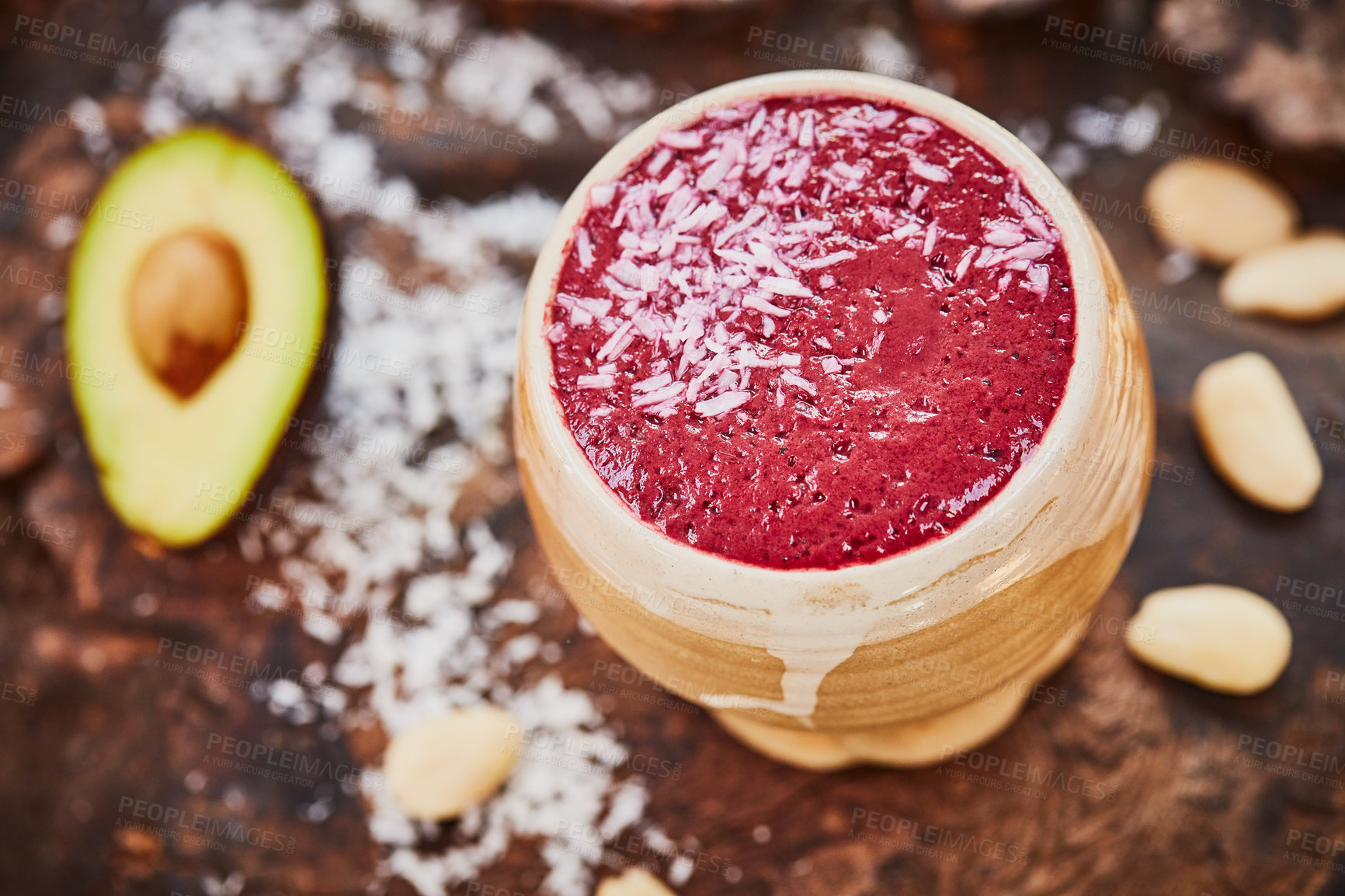 Buy stock photo Health, above and wellness with smoothie on table for detox drink, nutrition and weight loss beverage. Protein shake, organic and minerals with top view of fruit juice for antioxidants and vitamin c