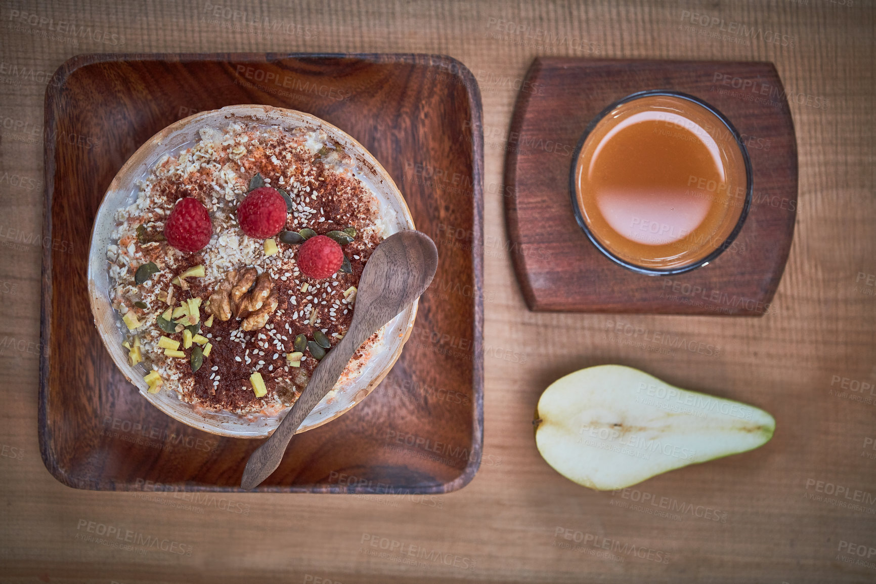 Buy stock photo Shot of a delicious breakfast meal served with fruit, nuts and seeds