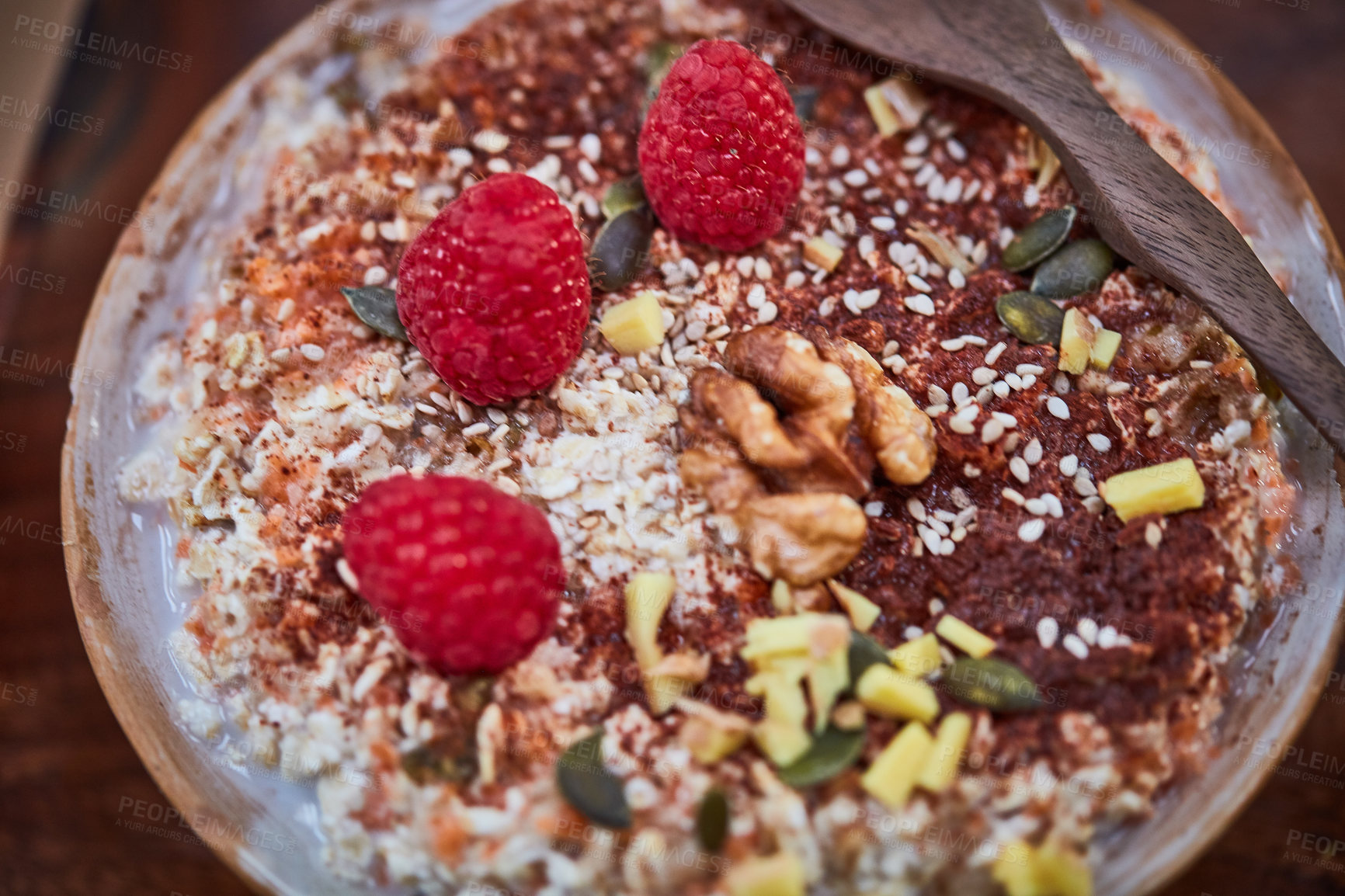 Buy stock photo Shot of a delicious breakfast meal served with fruit, nuts and seeds