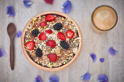 Buy stock photo Shot of a delicious breakfast meal served with fruit, nuts and seeds