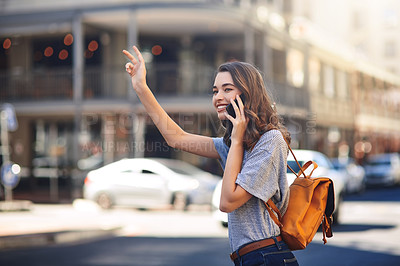 Buy stock photo Phone call, smile and taxi with backpacker woman on street of city for commute, sightseeing or travel. Hand gesture, happy and transport with tourist person hailing cab or ride outdoor in urban town