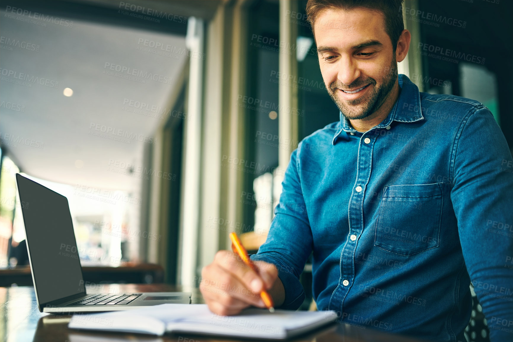 Buy stock photo Laptop, notes and business man in cafe for planning, calendar schedule and project ideas. Freelance, remote work and person writing on computer for internet, website or online research in coffee shop