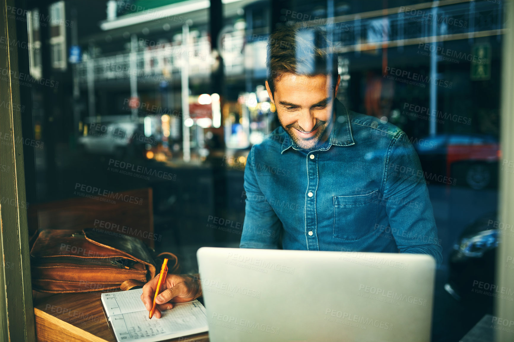 Buy stock photo Laptop, window and businessman in cafe with notes for ideas, online research and planning project. Coffee shop, remote work and person with diary on computer for internet, website and schedule