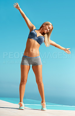 Buy stock photo Full length shot of a beautiful young woman exercising outdoors
