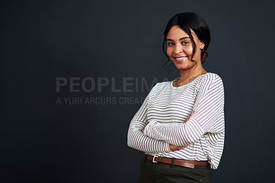 Buy stock photo Smile, mockup and portrait of a young woman arms crossed isolated in a black background studio with casual style. Happiness, happy and African female person feeling confident in her fashion