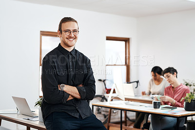 Buy stock photo Portrait, arms crossed or happy business man in creative startup for career growth or leader. Smile, confident manager and expert in glasses or magazine publisher in office with pride for opportunity