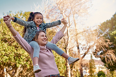 Buy stock photo Portrait, child and mom in park for piggyback, playing and bonding together with smile. Happy family, parent or mother with girl outdoor in nature for energy, recreation and physical activity for fun