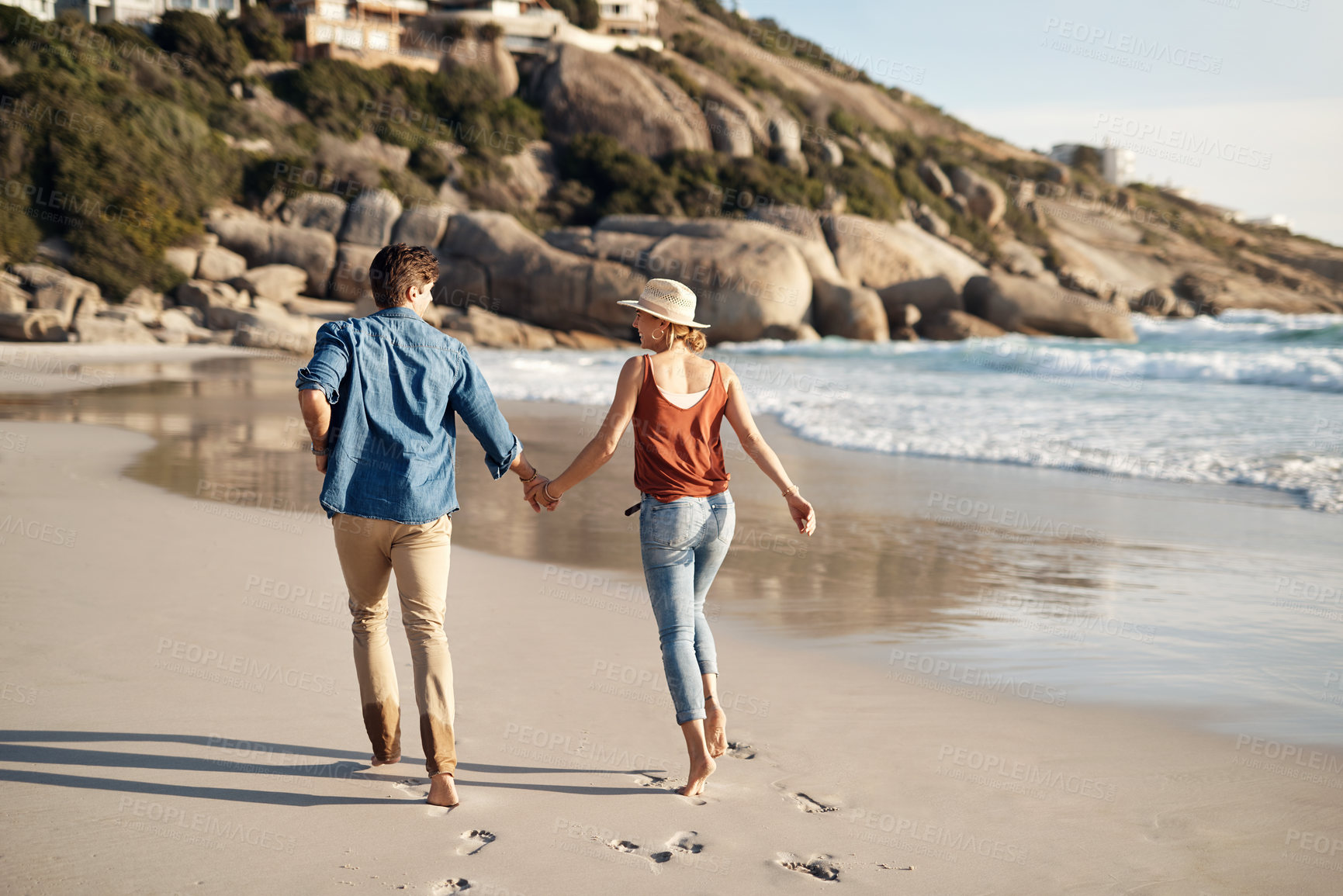 Buy stock photo Running, couple and holding hands on journey at beach in summer, holiday or vacation in Bali. Honeymoon, travel and woman trust man with love and commitment in marriage or date with sunset adventure