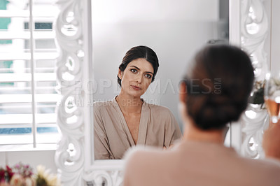 Buy stock photo Skincare results, mirror and woman check facial makeup, natural cosmetics treatment or luxury home beauty. Spa salon, healthy skin and reflection of aesthetic person relax with morning face routine