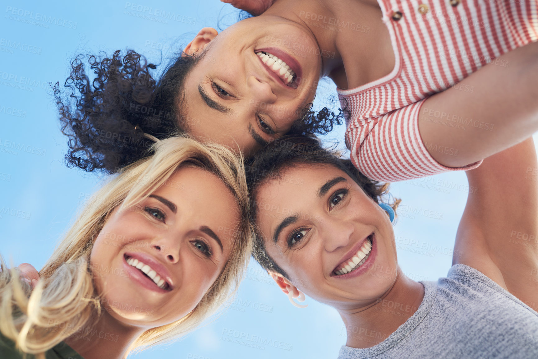 Buy stock photo Portrait, women and below with smile outdoor for summer selfie, blue sky and support of travel bonding. Happy, friends and photography for profile picture, social media and group reunion of embrace