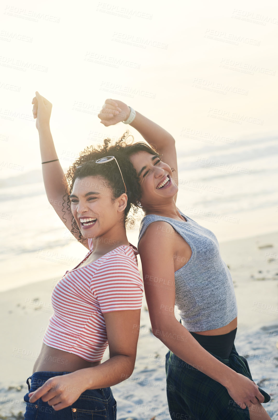 Buy stock photo Friends, laughing and dancing with fun at beach for vacation celebration, summer party and energy of travel reunion. Excited, women or dancer with rhythm, movement or playful bonding for freedom love