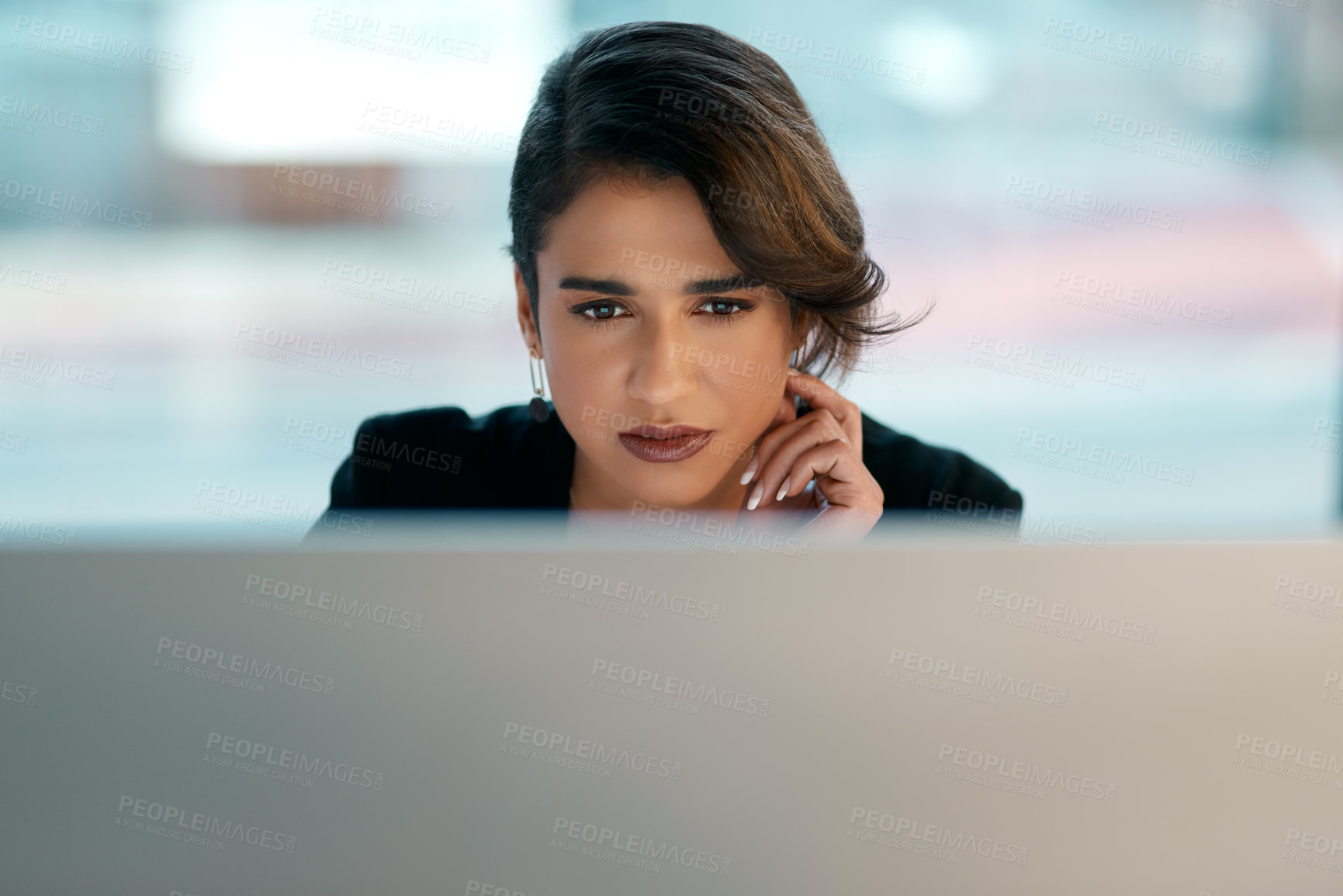 Buy stock photo Business woman, computer and thinking, reading or online management for software data, review or solution in office. Planning, focus and problem solving of professional worker or person on desktop pc