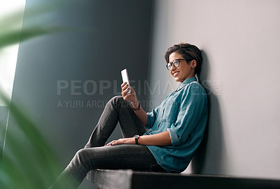 Buy stock photo Smile, woman and phone laughing on bench for browsing social media for funny memes, comic and jokes on website. Happy, female person and mobile with internet for enjoying joke as entertainment indoor