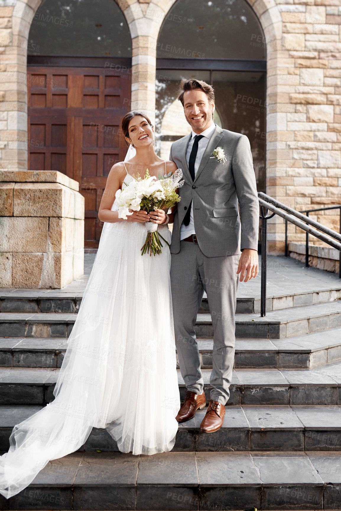 Buy stock photo Church steps, wedding and portrait with a married couple standing outdoor together after a ceremony of tradition. Love, marriage or commitment with a man and woman outside, happy as bride and groom