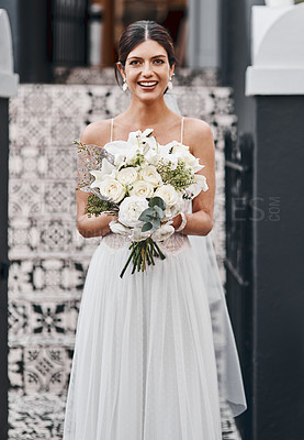 Buy stock photo Portrait, bride and smile in wedding dress, flowers and celebration for marriage, bouquet and roses. Woman, ceremony and elegant  for commitment, happy female person and romance in love at event