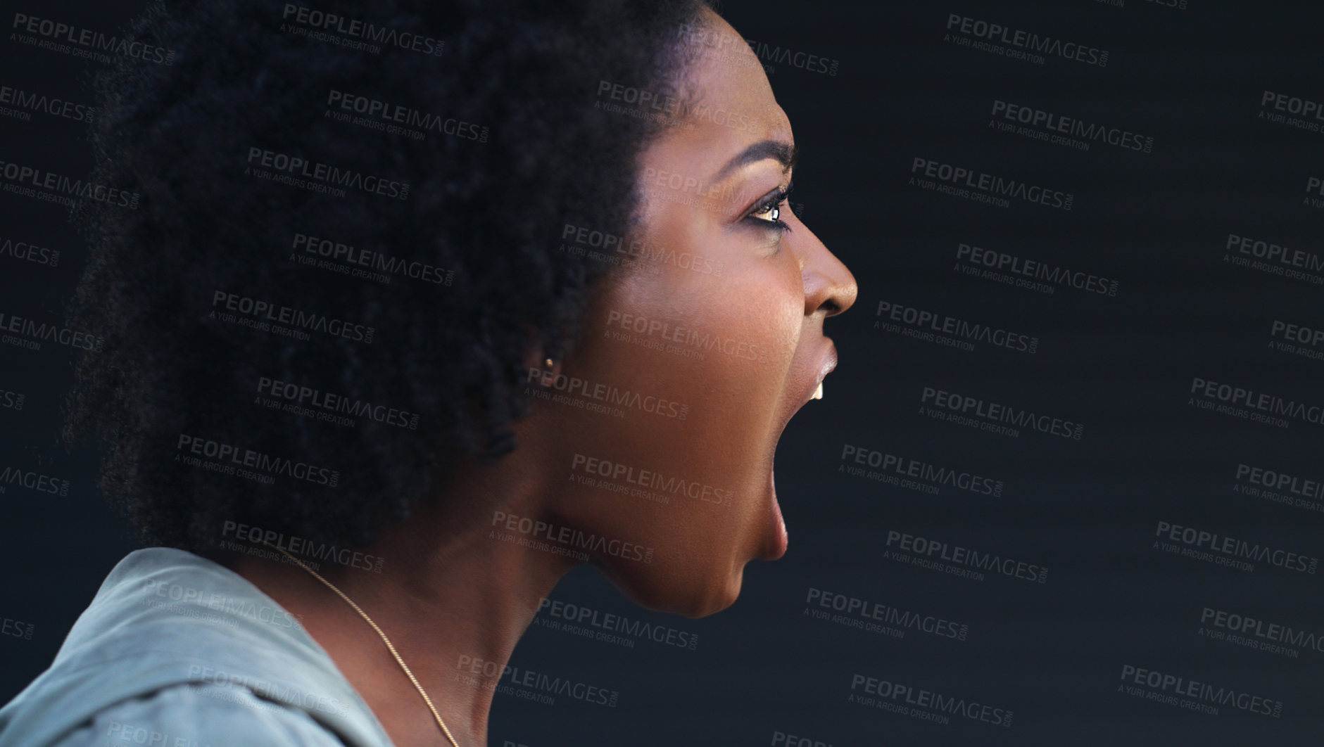 Buy stock photo Cropped shot of a woman shouting against a dark background