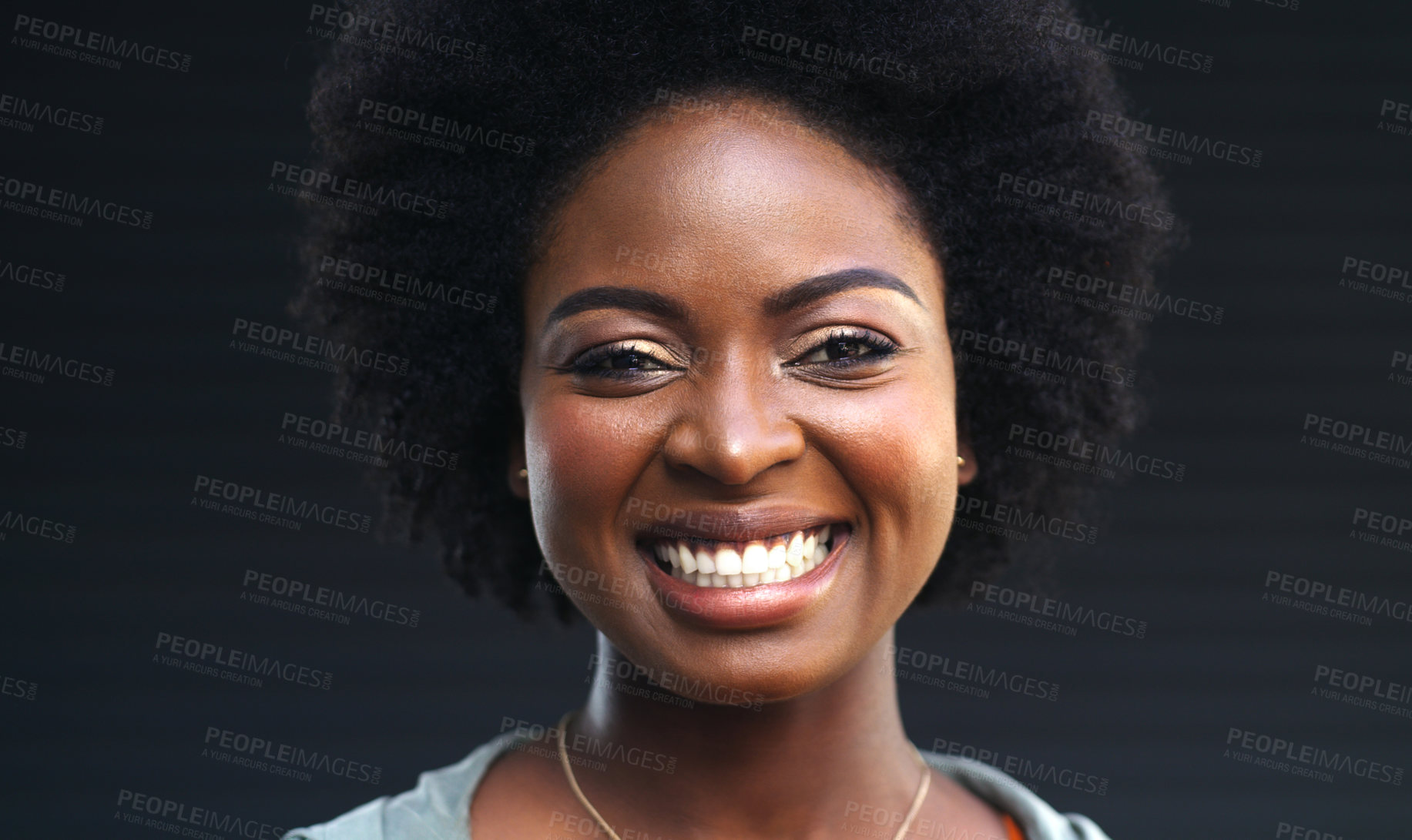 Buy stock photo Happy, business and black woman with portrait on studio backdrop for career in administration, professional or confident. Receptionist, proud and pride for crm, opportunity and secretary of company.