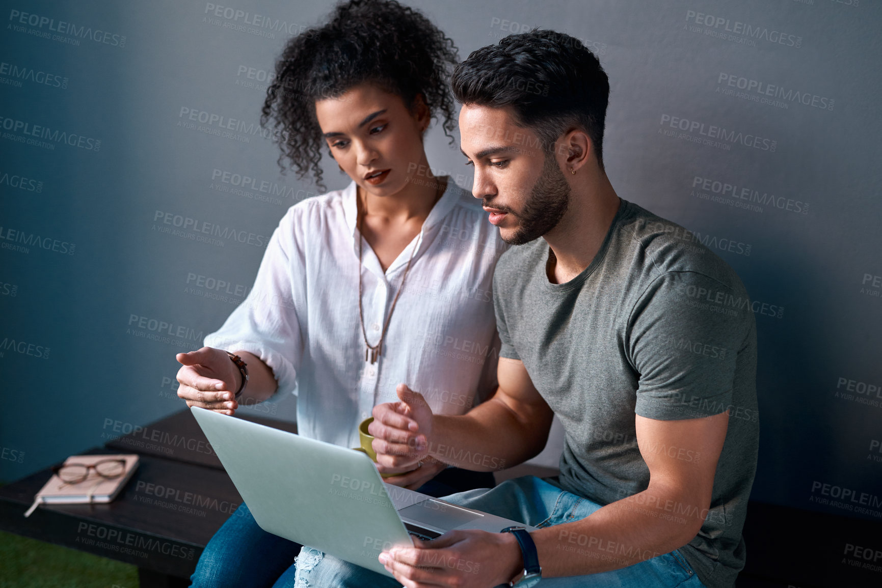 Buy stock photo People, colleagues and teamwork with laptop with mock up background for creativity in workplace. Team, computer and professional people reading email online using technology for  brainstorming.