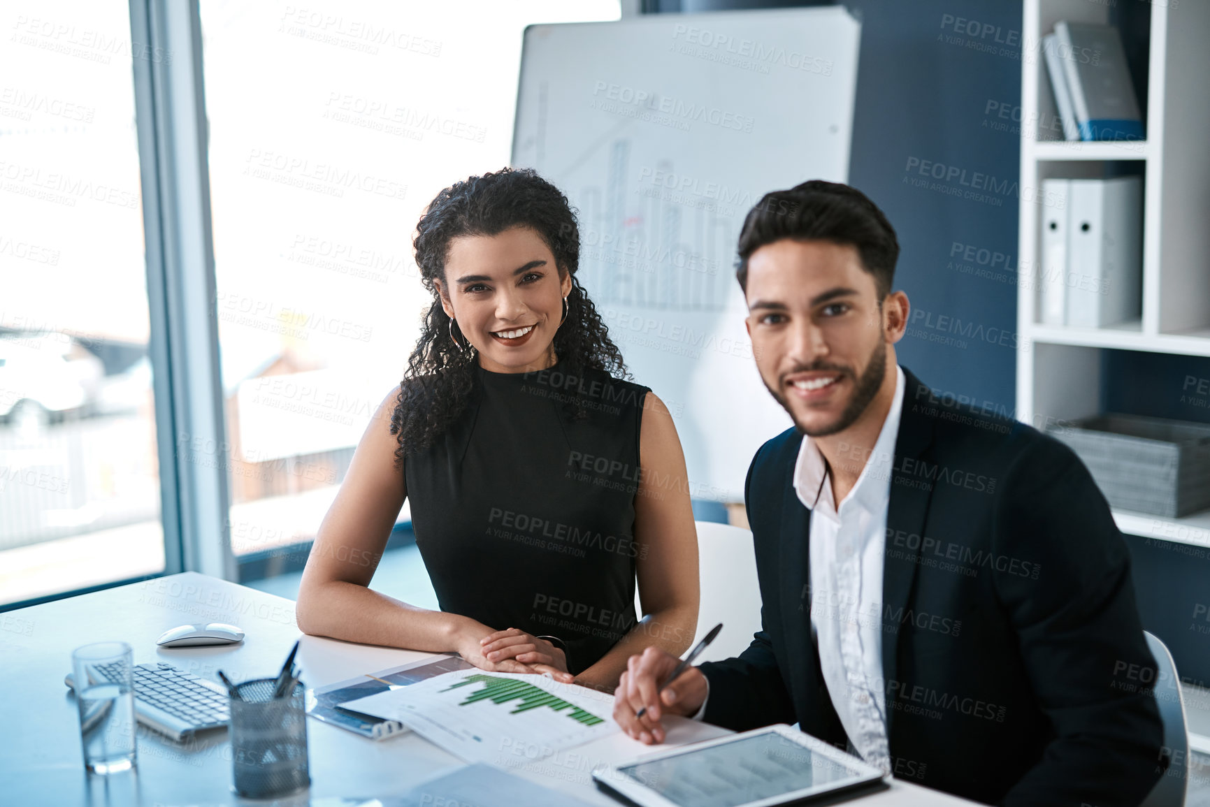 Buy stock photo Business people, portrait and tablet with documents in meeting for company growth, solution and teamwork. Happy, woman and man with graph in office for sales review, brainstorming and kpi planning