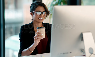 Buy stock photo Business woman, coffee and computer in office planning, reading report and editing for online and creative project. Inspiration, happy ideas and professional worker or person with drink on desktop pc