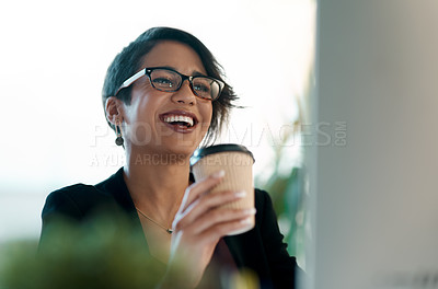 Buy stock photo Happy woman, coffee and reading on computer for creative vision, planning online and news or excited for results in office. Inspiration, ideas and laughing business person with drink and desktop pc