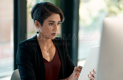 Buy stock photo Tablet, computer and business woman in office for website analysis, online management or technology solution. Review, typing or scroll of professional biracial person on desktop and digital software