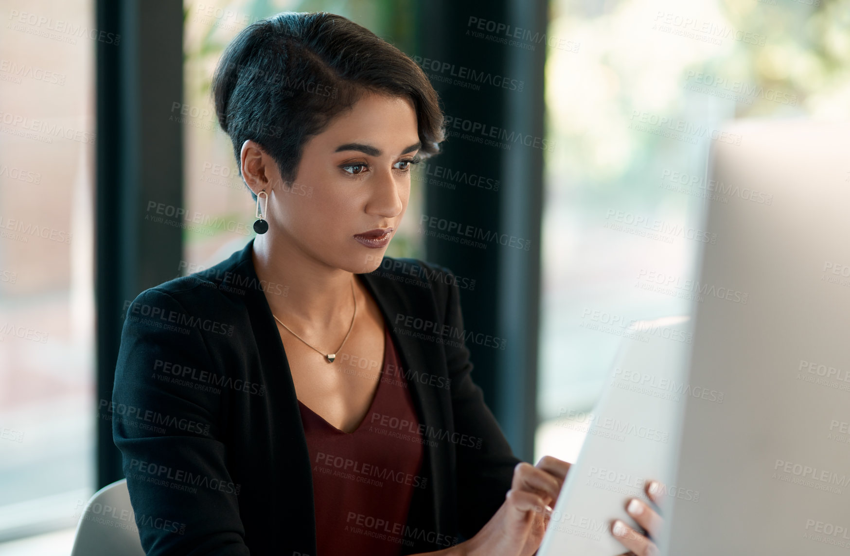 Buy stock photo Tablet, computer and business woman in office for website analysis, online management or technology solution. Review, typing or scroll of professional biracial person on desktop and digital software