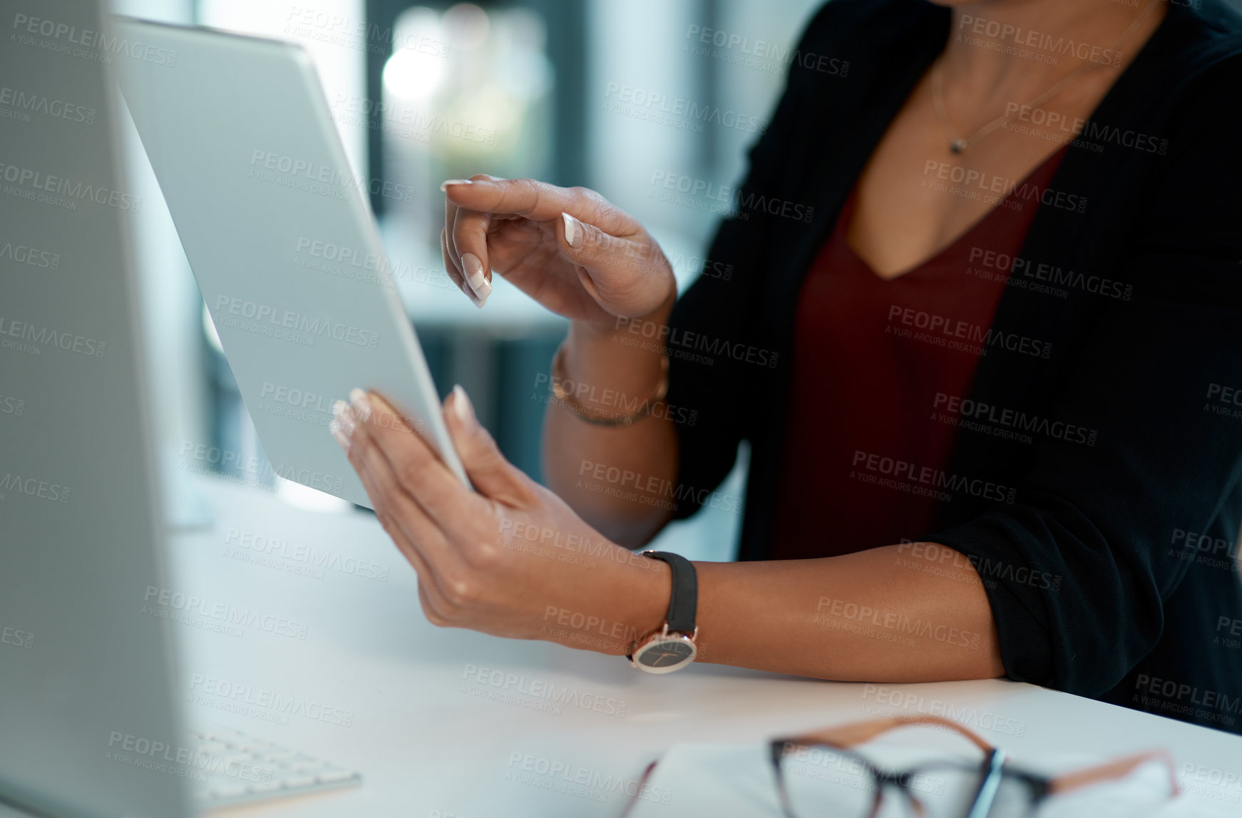 Buy stock photo Hands, woman and tablet in office for internet search, information and networking. Female person, employee and online research for creative ideas, plan and communication as graphic designer
