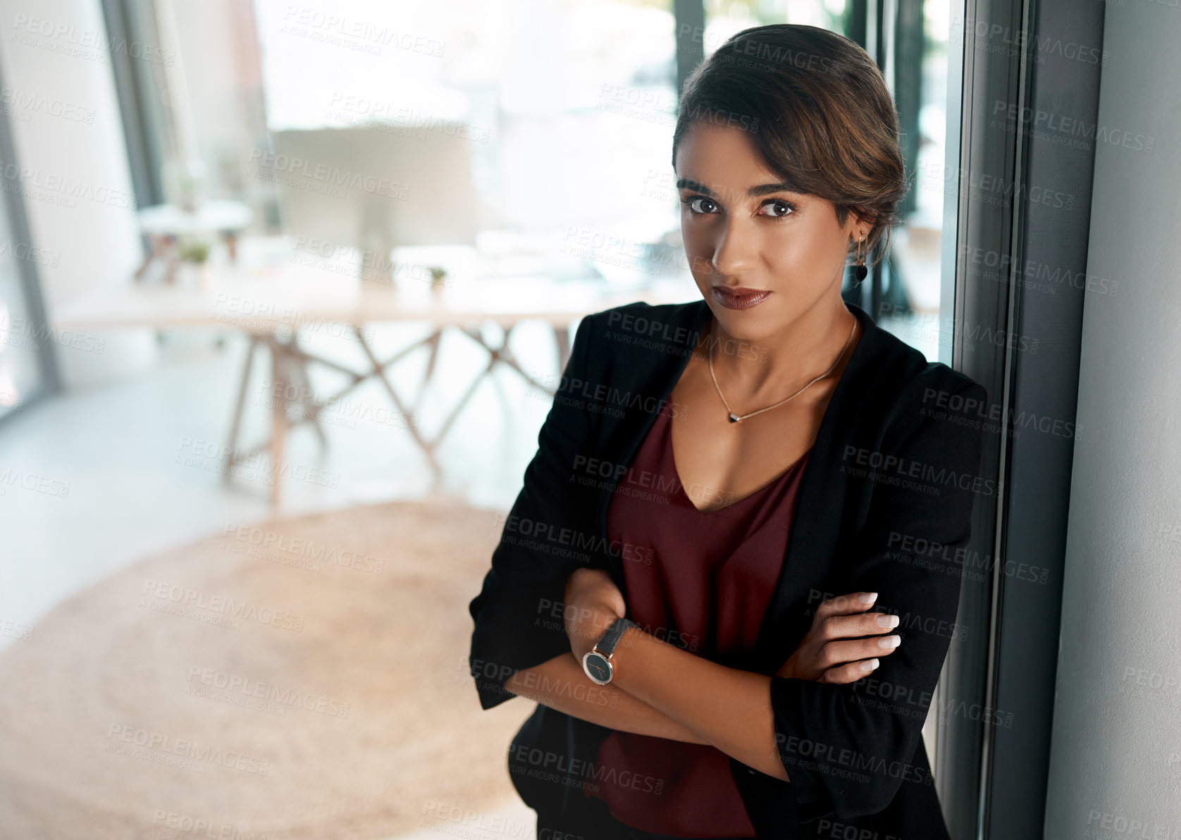 Buy stock photo Serious, business woman and hr manager with arms crossed in office for feedback and performance meeting. Smile, female person and project manager with confidence, and ambition for staff growth