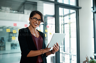 Buy stock photo Happy, businesswoman and tablet in portrait for connection, communication or digital networking. Female person, tech and smile in corporate as project manager in company in workplace as professional
