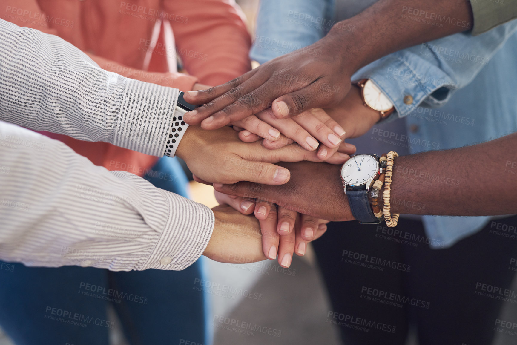 Buy stock photo Hands together, team and support with diversity, collaboration and unity in creative group at startup. Motivation, solidarity and trust with teamwork goal, hand stack with people in community