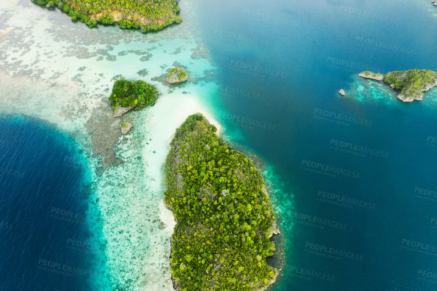 Buy stock photo High angle shot of the wonderful Raja Ampat Islands in Indonesia