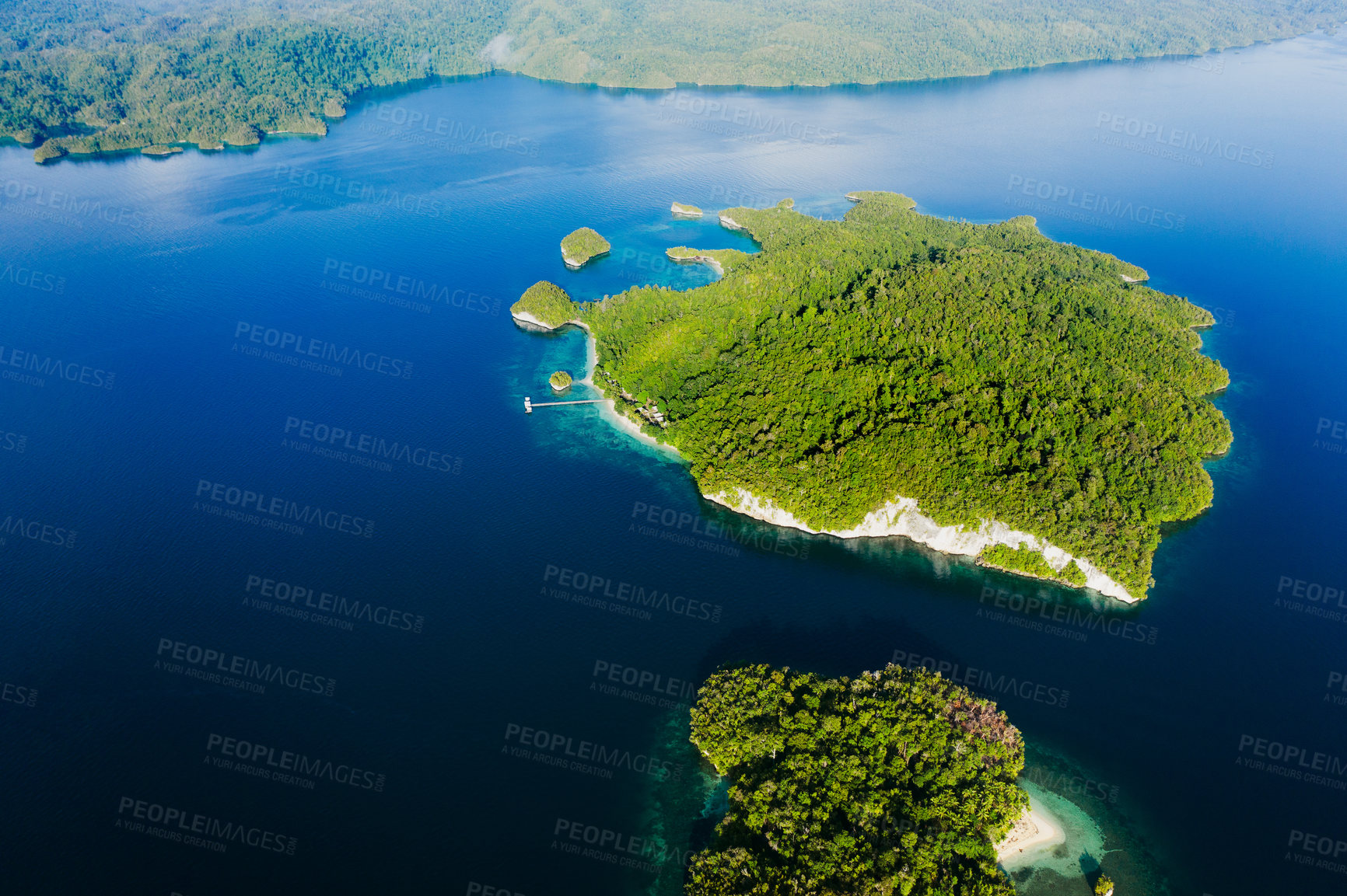 Buy stock photo Drone view, island and nature for freedom, travel and explore, travel and trip with zen. Tropical, water and location for tourism, peace and beautiful scenery, earth and summer in Fiji from above