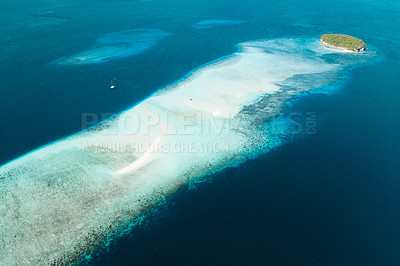 Buy stock photo Top view, blue ocean and island with shallow water for travel, journey or adventure at sea on mockup. Big beach view of calm, peaceful or serene tropical waters above and natural scenic environment