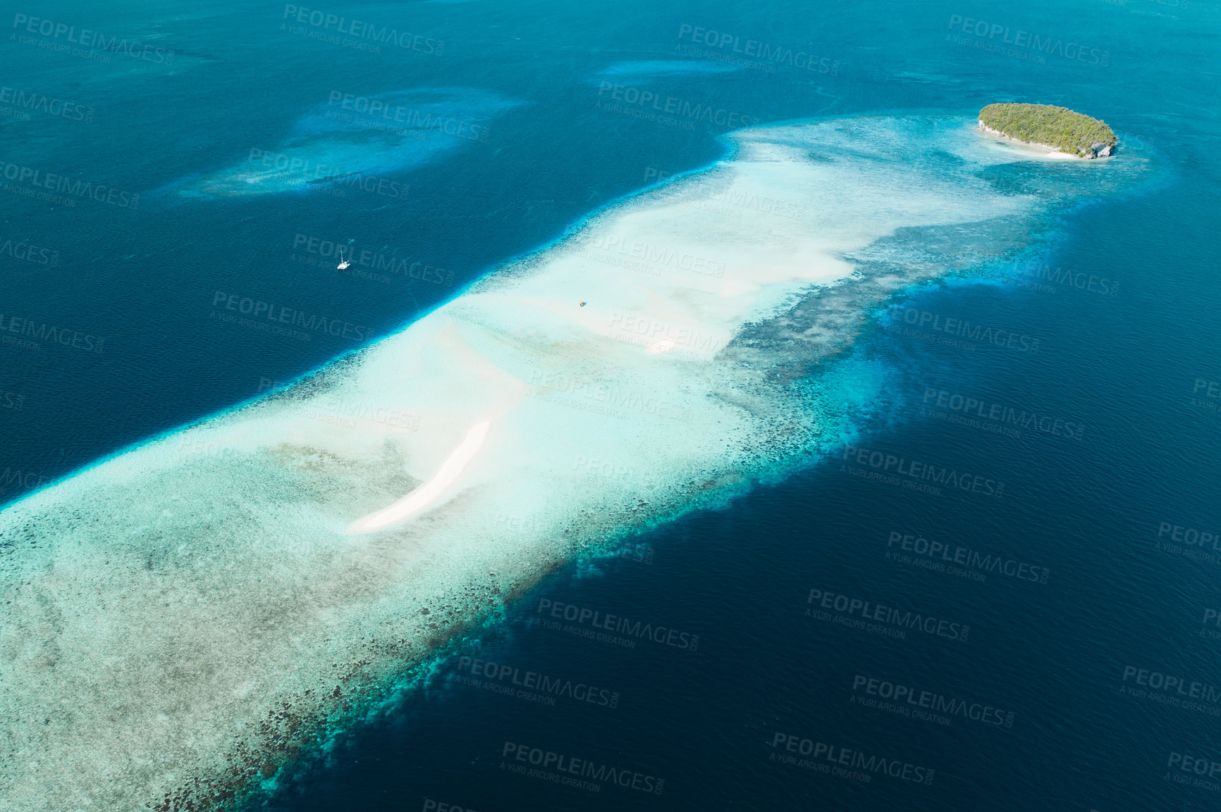 Buy stock photo Top view, blue ocean and island with shallow water for travel, journey or adventure at sea on mockup. Big beach view of calm, peaceful or serene tropical waters above and natural scenic environment