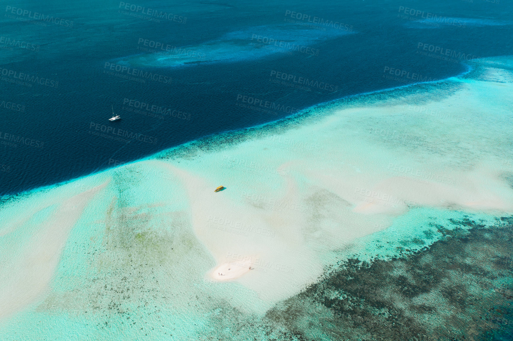 Buy stock photo Top view, blue ocean and island shore of water for travel, journey or adventure at sea. Big beach view of calm, peaceful or serene tropical waters above and natural scenic environment for vacation