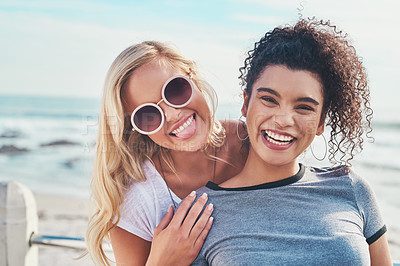 Buy stock photo Beach, portrait and smile with woman friends outdoor on promenade together for holiday or vacation. Sunglasses, tongue out and travel with face of happy people on coast by ocean or sea for bonding